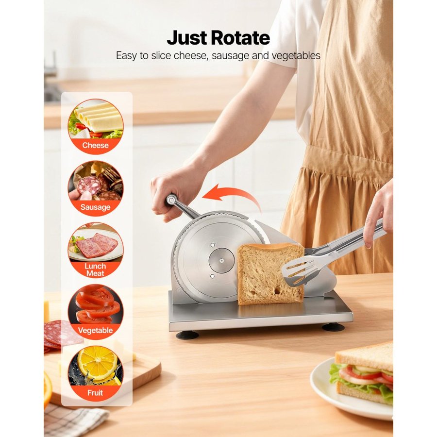 VEVOR Manual Bread Slicer, 0-15mm Adjustable Thickness Cheese Cutter, Hand-Cranked Bread Slicer with Micro-Serrated Stainless Steel Blade for Kitchen, Bakery, Party