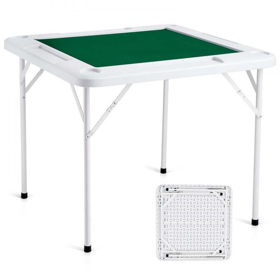 VEVOR Mahjong Table, 4 Player Folding Domino Table with Wear-Resistant Green Tabletop, Portable Square Card Table with 4 Cup Holders & 4 Chip Trays for Mahjong Poker Puzzles, 35.4 x 35.4-inch