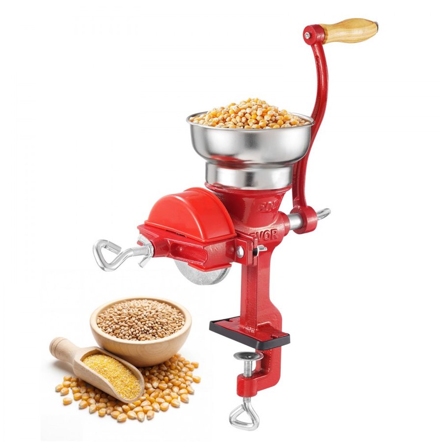 VEVOR Manual Grain Mill with Low Hopper, Hand-Crank Corn Grinder, Heavy Duty Cast Iron Wheat Grinding Mill with Stable Table Clamp & Dust Cover for Grains Spices Coffee Beans Nuts