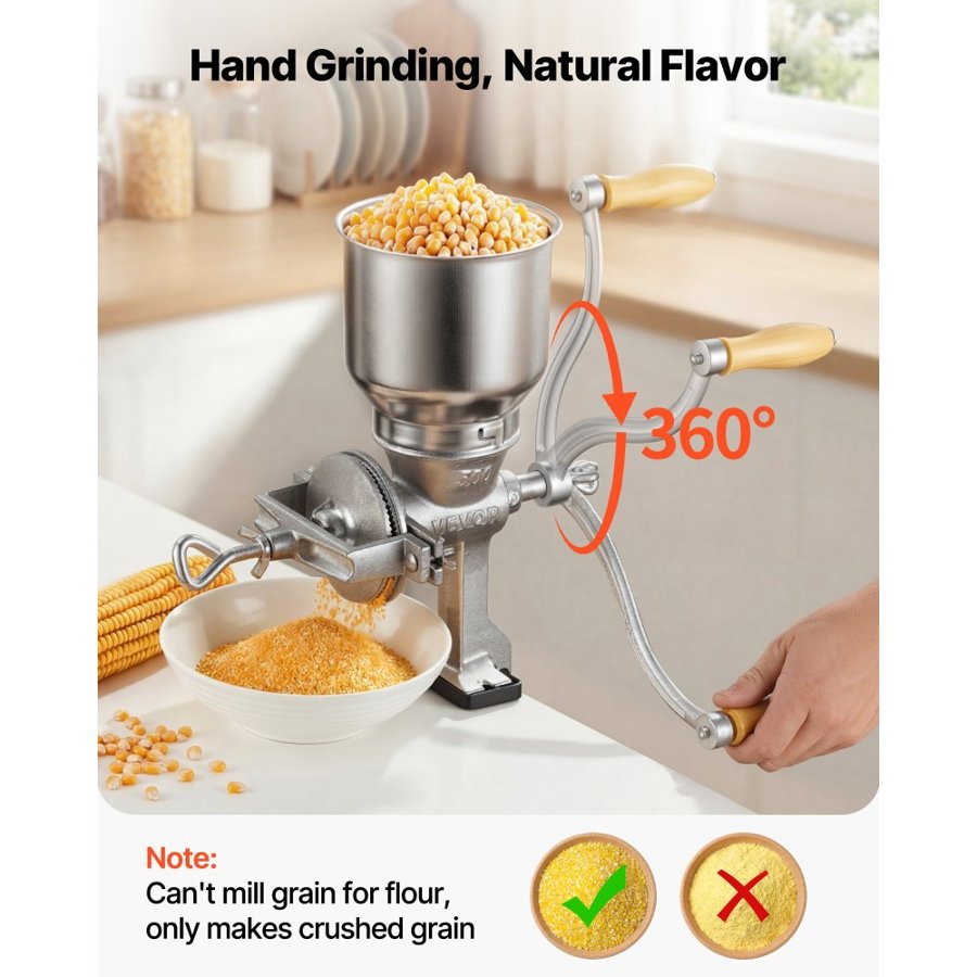 VEVOR Manual Grain Mill with High Hopper, Hand-Crank Corn Grinder, Heavy Duty Cast Iron Wheat Grinding Mill with Stable Table Clamp for Grains Spices Coffee Beans Nuts