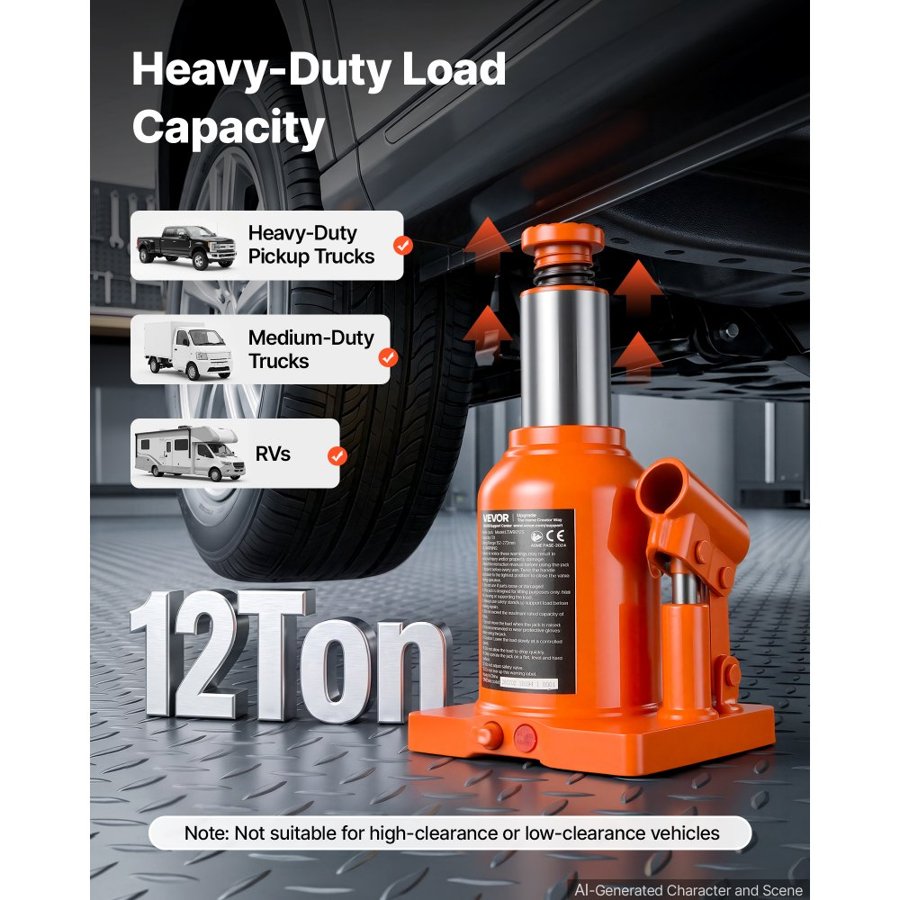 VEVOR Hydraulic Bottle Jack 12 Ton (26455.5 lbs) 152-272 mm Lifting Range, for Heavy-Duty Pickup, Medium-Duty Truck, RV, Auto Repair and House Lift, Welded Jack with 3-Section Long Handle, Orange