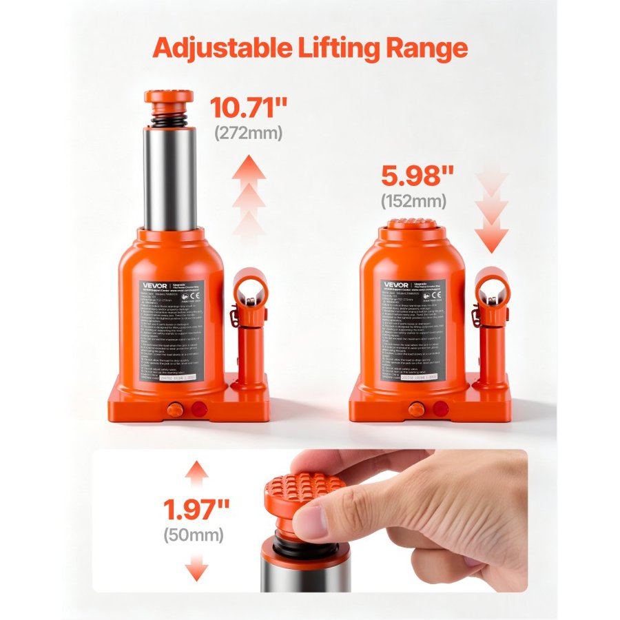 VEVOR Hydraulic Bottle Jack 12 Ton (26455.5 lbs) 152-272 mm Lifting Range, for Heavy-Duty Pickup, Medium-Duty Truck, RV, Auto Repair and House Lift, Welded Jack with 3-Section Long Handle, Orange