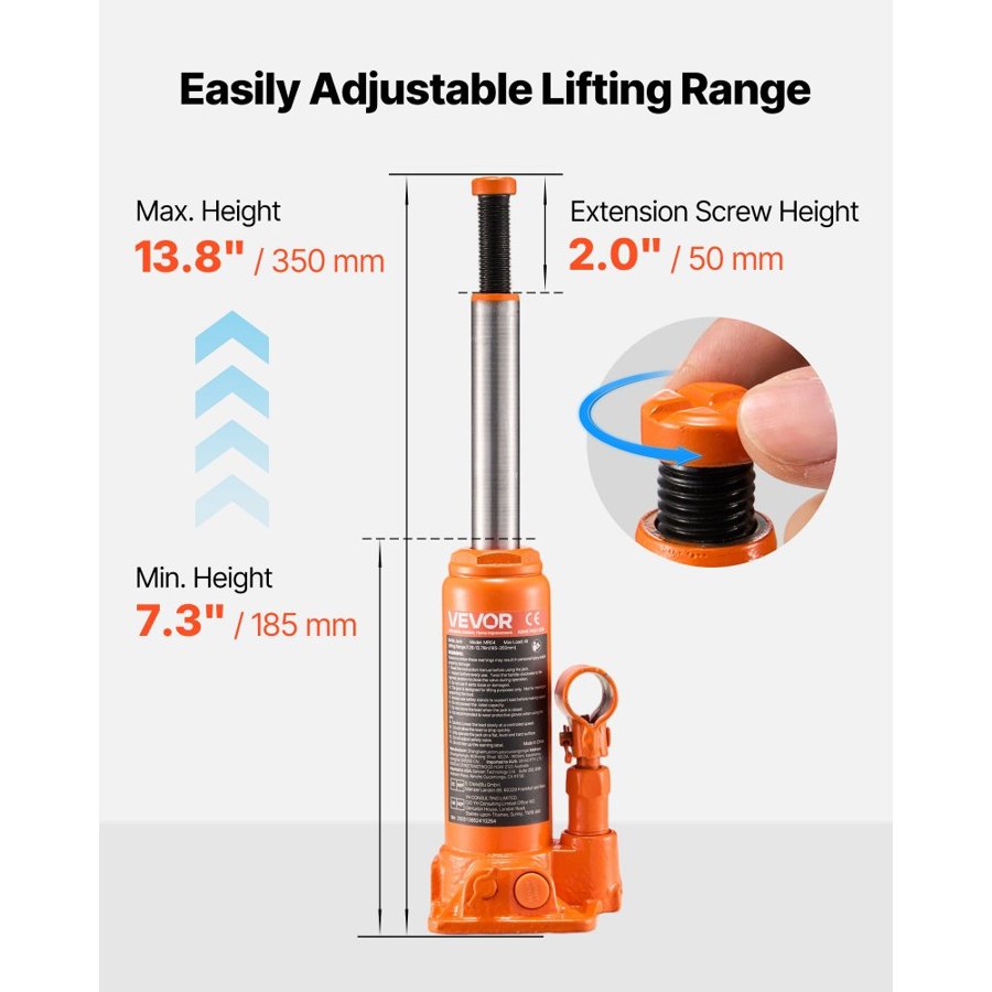 VEVOR 4 Ton Hydraulic Bottle Jack – 7.3-13.8 in., 8818.4 lb