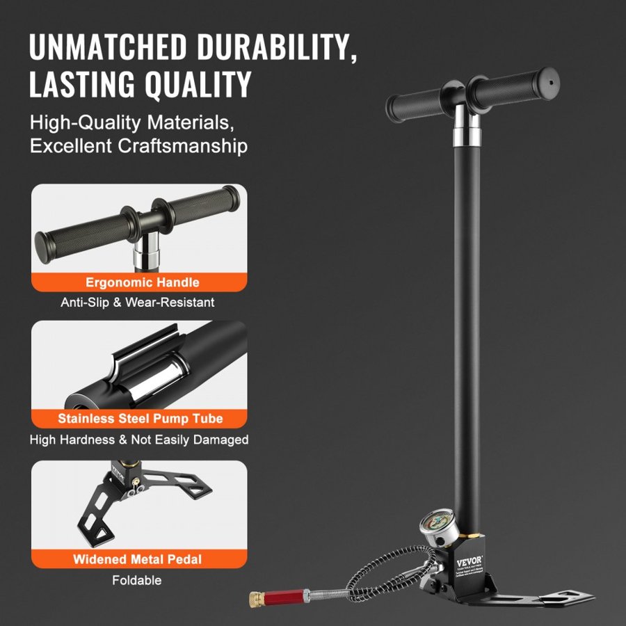 VEVOR PCP Hand Pump, 4 Stage, 30Mpa 4500 PSI High Pressure PCP Air Rifile Filling Stirrup Pump with Oil-Moisture Filter Pressure Gauge, Stainless Steel for Airguns Scuba Tank Paintball Filling Tire