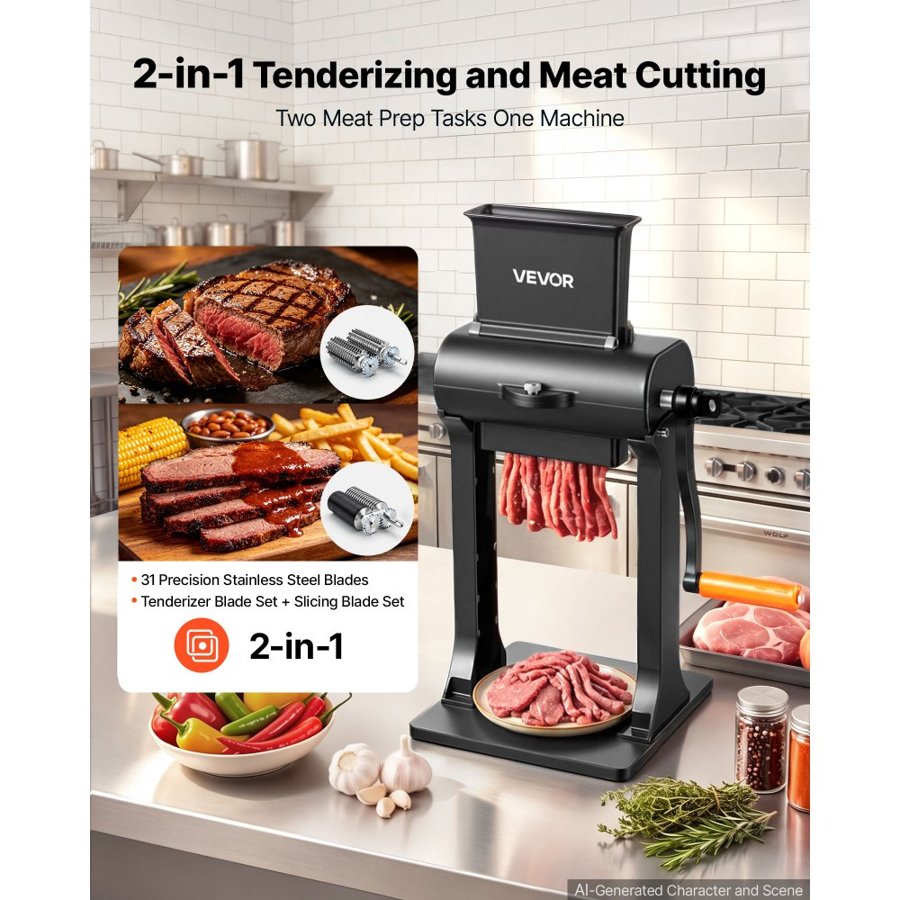 VEVOR 2-in-1 Manual Meat Tenderizer & Beef Jerky Slicer Steak Turkey Pork, Commercial Meat Tenderizer Machine, with Clamp, 15 cm Feed Port, 2 Sets of Stainless Steel Blades, Aluminum Construction