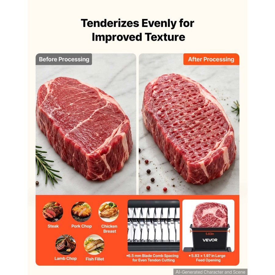 VEVOR 2-in-1 Manual Meat Tenderizer & Beef Jerky Slicer Steak Turkey Pork, Commercial Meat Tenderizer Machine, with Clamp, 15 cm Feed Port, 2 Sets of Stainless Steel Blades, Aluminum Construction