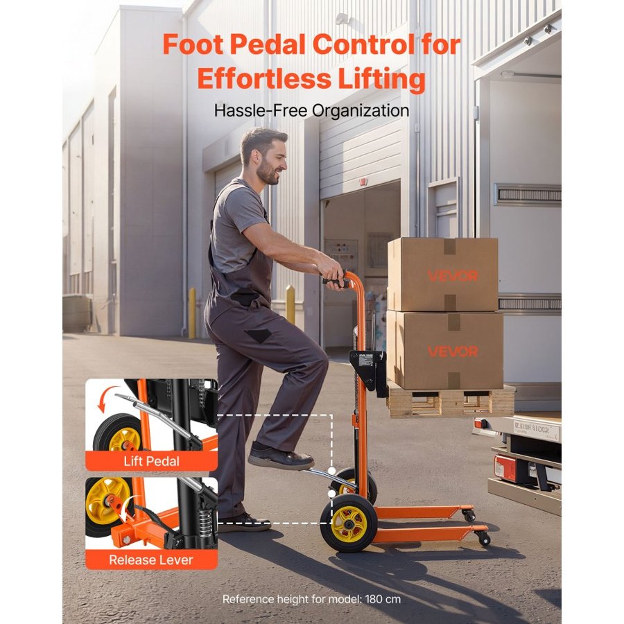 VEVOR Hydraulic Material Lift Winch Stacker, 205 kg Load Capacity, Pallet Truck Dolly with Fork Lift Table, 900 mm Max Lifting Height, Foldable & Portable Pallet Jack Table Cart, Orange & Black