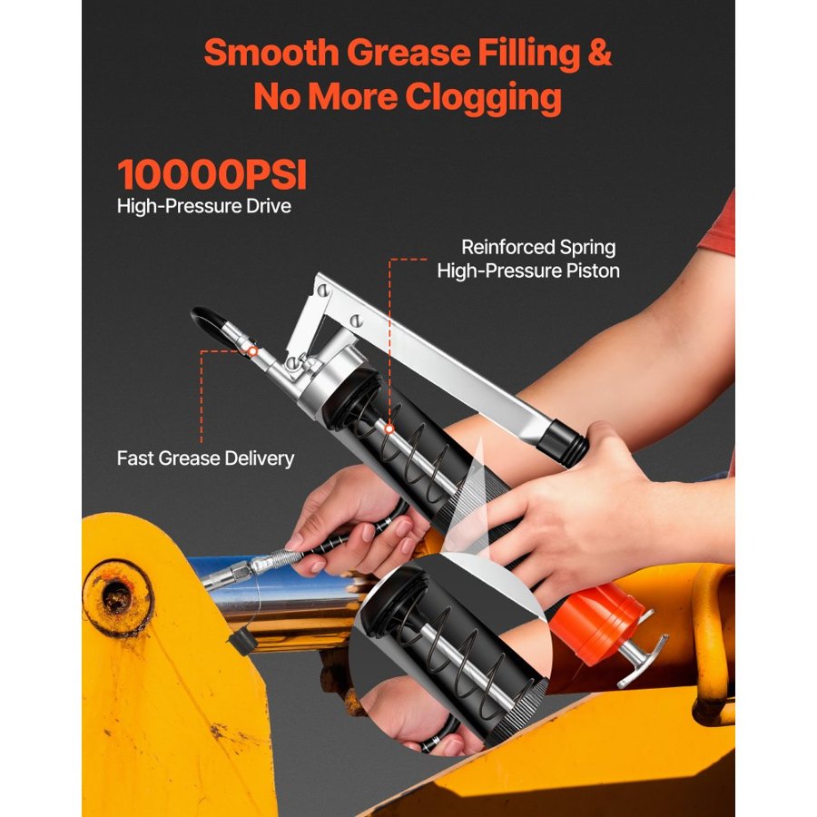 VEVOR Grease Gun, 10000 PSI High Pressure, Heavy Duty Pistol Grip Grease Gun Kit with 0.4 L Capacity, Includes 46 cm Flex Hose, 1 Extension Rigid Pipe and 1 Sharp Type Nozzle for Automotive, Marine