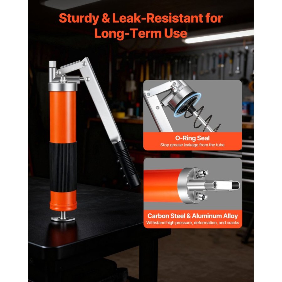VEVOR Grease Gun, 10000 PSI High Pressure, Heavy Duty Pistol Grip Grease Gun Kit with 0.4 L Capacity, Includes 46 cm Flex Hose, 1 Extension Rigid Pipe and 1 Sharp Type Nozzle for Automotive, Marine