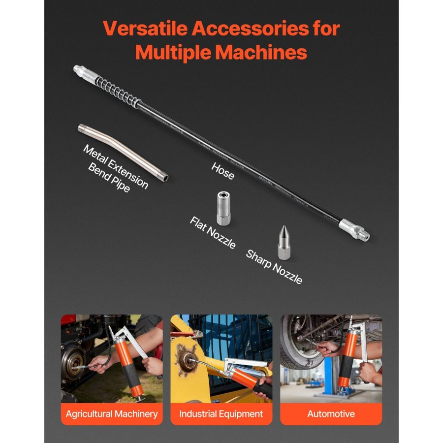 VEVOR Grease Gun, 10000 PSI High Pressure, Heavy Duty Pistol Grip Grease Gun Kit with 0.4 L Capacity, Includes 46 cm Flex Hose, 1 Extension Rigid Pipe and 1 Sharp Type Nozzle for Automotive, Marine