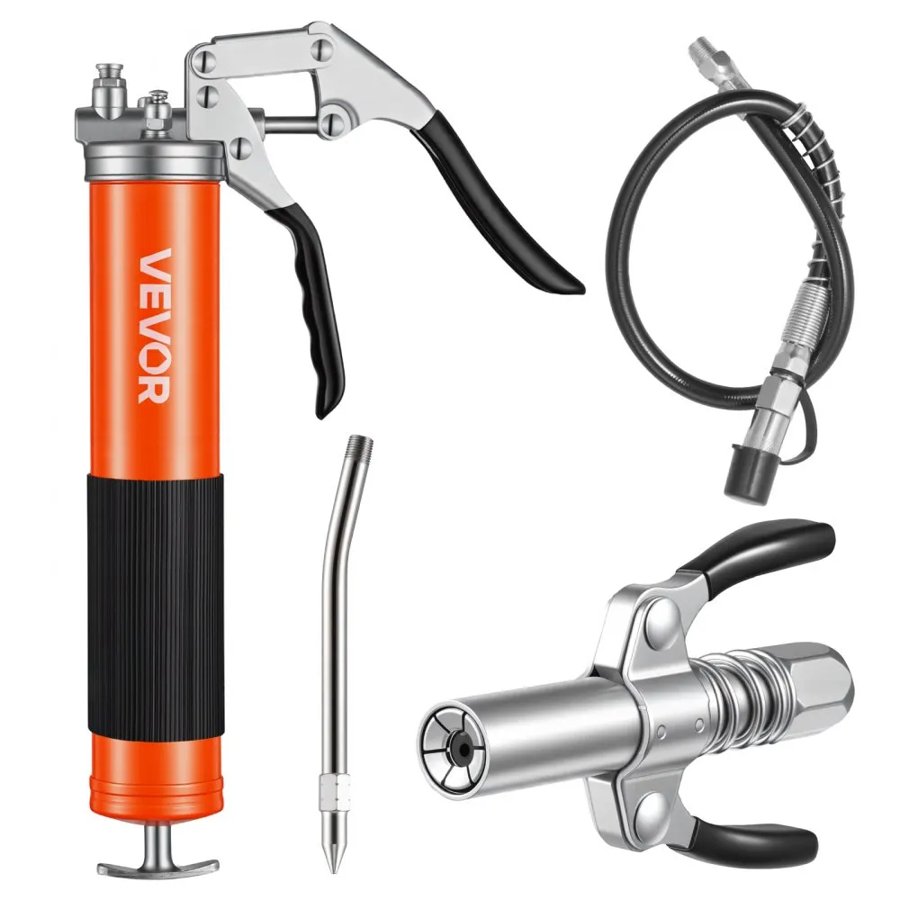 VEVOR Grease Gun, 8000 PSI, Pistol Grip Grease Gun Kit with 0.4 L Capacity, Includes 46 cm Flex Hose, Double Handle Grease Coupler, Extension Rigid Pipe & Sharp Type Nozzle for Automotive, Marine