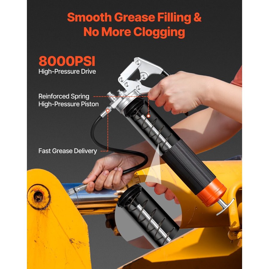 VEVOR Grease Gun, 8000 PSI, Pistol Grip Grease Gun Kit with 0.4 L Capacity, Includes 46 cm Flex Hose, Double Handle Grease Coupler, Extension Rigid Pipe & Sharp Type Nozzle for Automotive, Marine