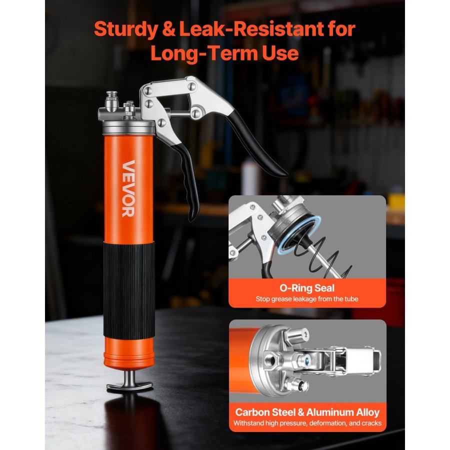 VEVOR Grease Gun, 8000 PSI High Pressure, Heavy Duty Pistol Grip Grease Gun Kit with 0.4 L Capacity, Includes 46 cm Flex Hose, 1 Extension Rigid Pipe and 1 Sharp Type Nozzle for Automotive, Marine
