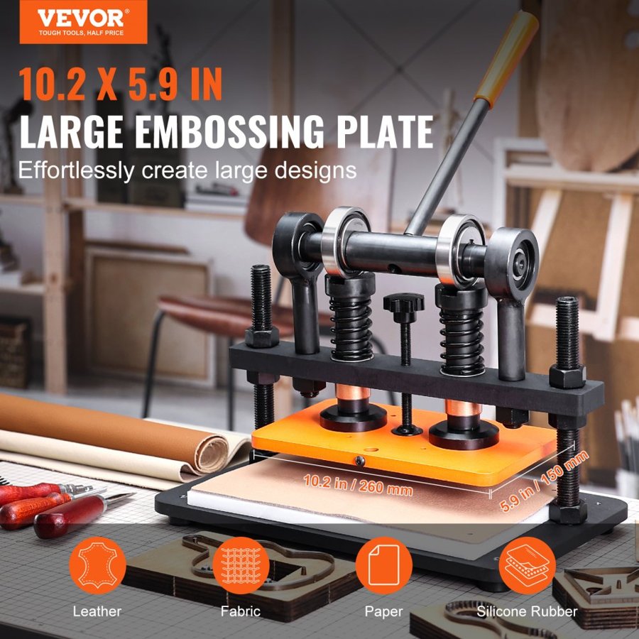 VEVOR Leather Cutting Machine, 25.9 x 15 cm Embossing Plate Manual Die Cutter, 1.2 cm Pressure Stroke Leather Embossing Machine, Dual Guide Shafts Die Cut Machine for Various of Materials
