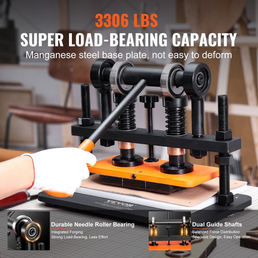 VEVOR Leather Cutting Machine, 25.9 x 12 cm Embossing Plate Manual Die Cutter, 1.2 cm Pressure Stroke Leather Embossing Machine, Dual Guide Shafts Die Cut Machine for Various of Materials