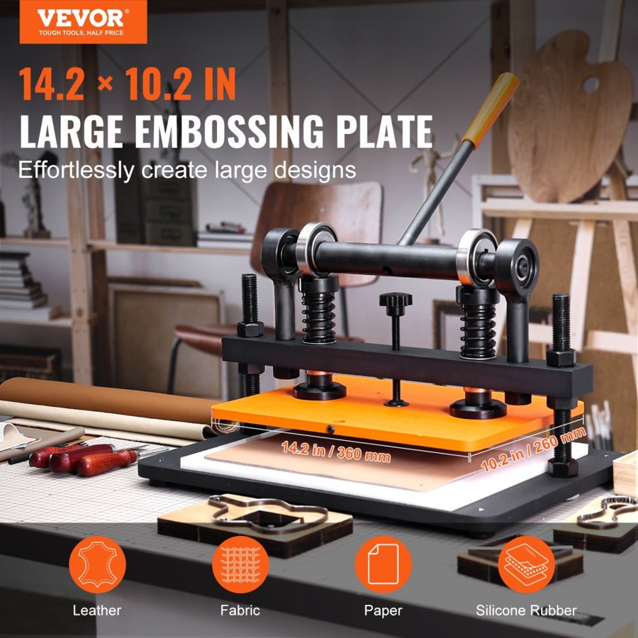 VEVOR Leather Cutting Machine, 36 x 25.9 cm Embossing Plate Manual Die Cutter, 1.2 cm Pressure Stroke Leather Embossing Machine, Dual Guide Shafts Die Cut Machine for Various of Materials
