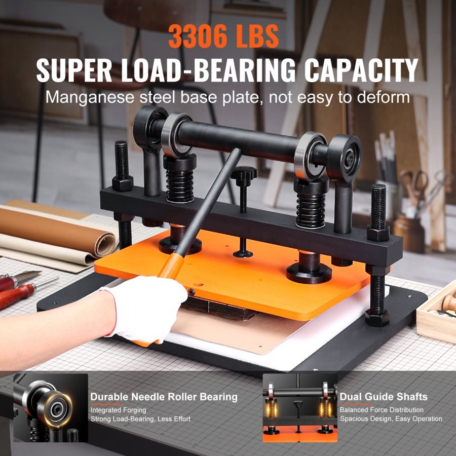 VEVOR Leather Cutting Machine, 36 x 25.9 cm Embossing Plate Manual Die Cutter, 1.2 cm Pressure Stroke Leather Embossing Machine, Dual Guide Shafts Die Cut Machine for Various of Materials