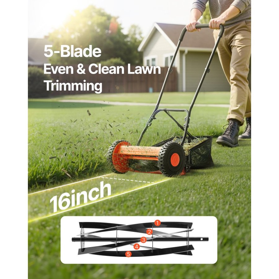 VEVOR Lawn Mower Push No Motor – 16 In, 5 Blades, 0.6-1.75In