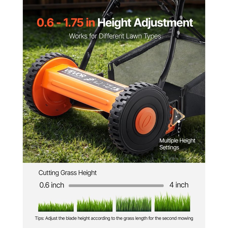 VEVOR Lawn Mower Push No Motor – 16 In, 5 Blades, 0.6-1.75In