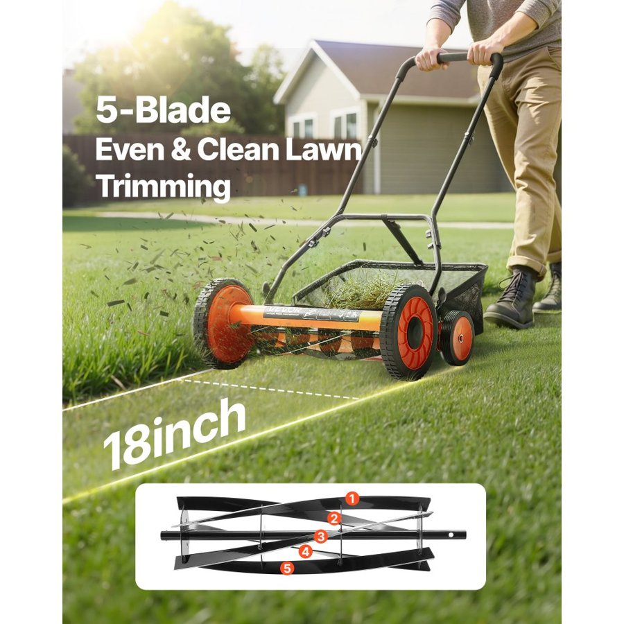 VEVOR Push Wheel Mower - 18 Inch, 5 Blades, 4 Large Wheels