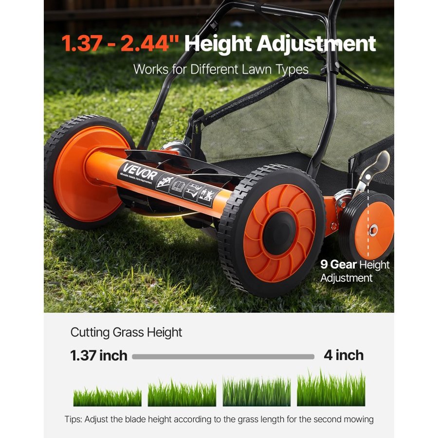 VEVOR Push Wheel Mower - 18 Inch, 5 Blades, 4 Large Wheels