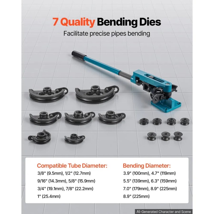 VEVOR Pipe Bender 3/8 to 1 Inch Pipe Tubing Bender Tube Bender 10 to 25mm Bending Formers Pipe Bender Set 7 Round Dies Size for Copper Brass Aluminum Stainless Steel Pipe