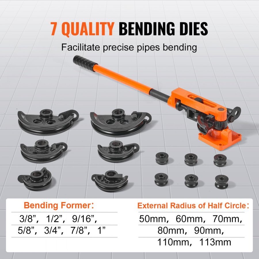 VEVOR Pipe Tube Bender, 9.5mm to 25.4mm OD Manual Pipe Tube Bender with 7 Bending Dies, 180° Copper Aluminum Pipes Bending Tools for HVAC Air Conditioning Refrigerator Auto Repair
