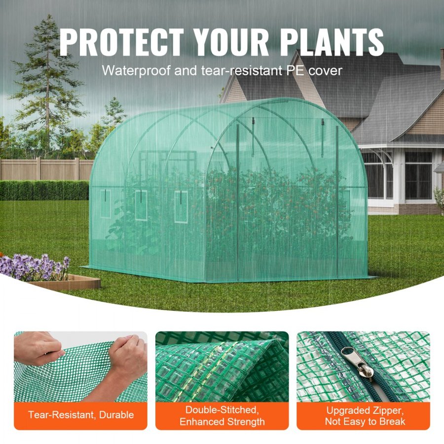 VEVOR Walk-in Tunnel Greenhouse, 11.3x6.4x6.3 ft Hoop House Greenhouse Tunnel, Plant Hot House with Galvanized Steel Frame, Green PE Cover, Roll-up Zipper Door and 6 Windows for Outdoor