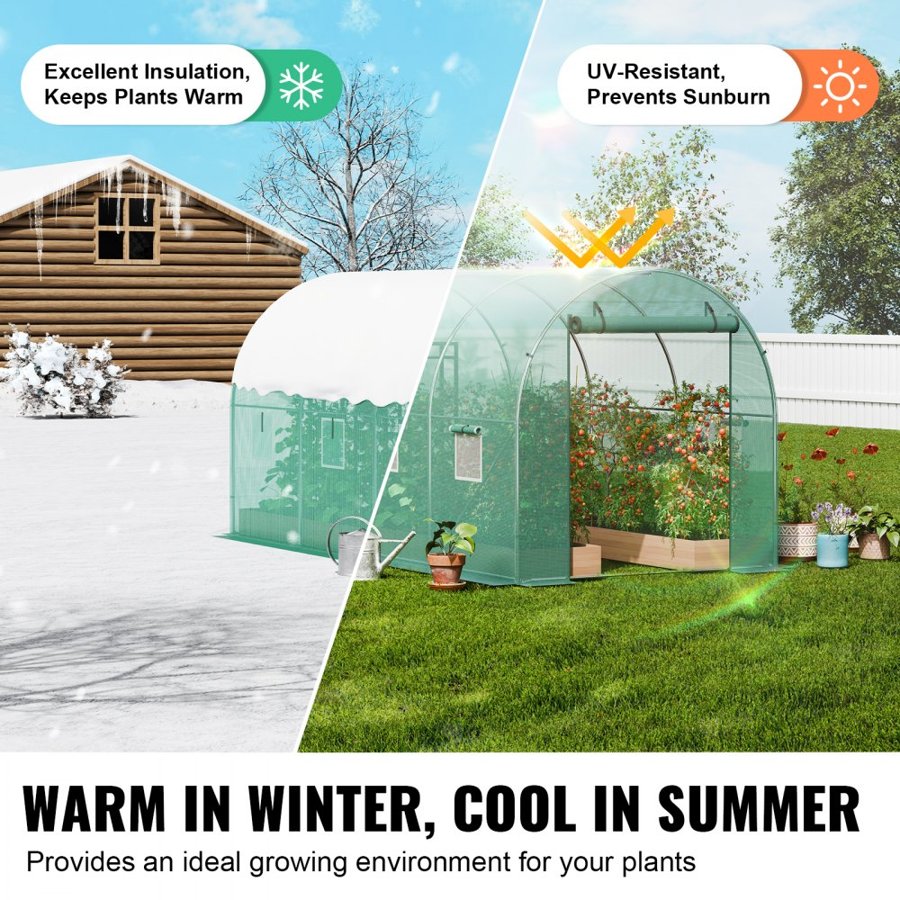 VEVOR Walk-in Tunnel Greenhouse, 11.3x6.4x6.3 ft Hoop House Greenhouse Tunnel, Plant Hot House with Galvanized Steel Frame, Green PE Cover, Roll-up Zipper Door and 6 Windows for Outdoor