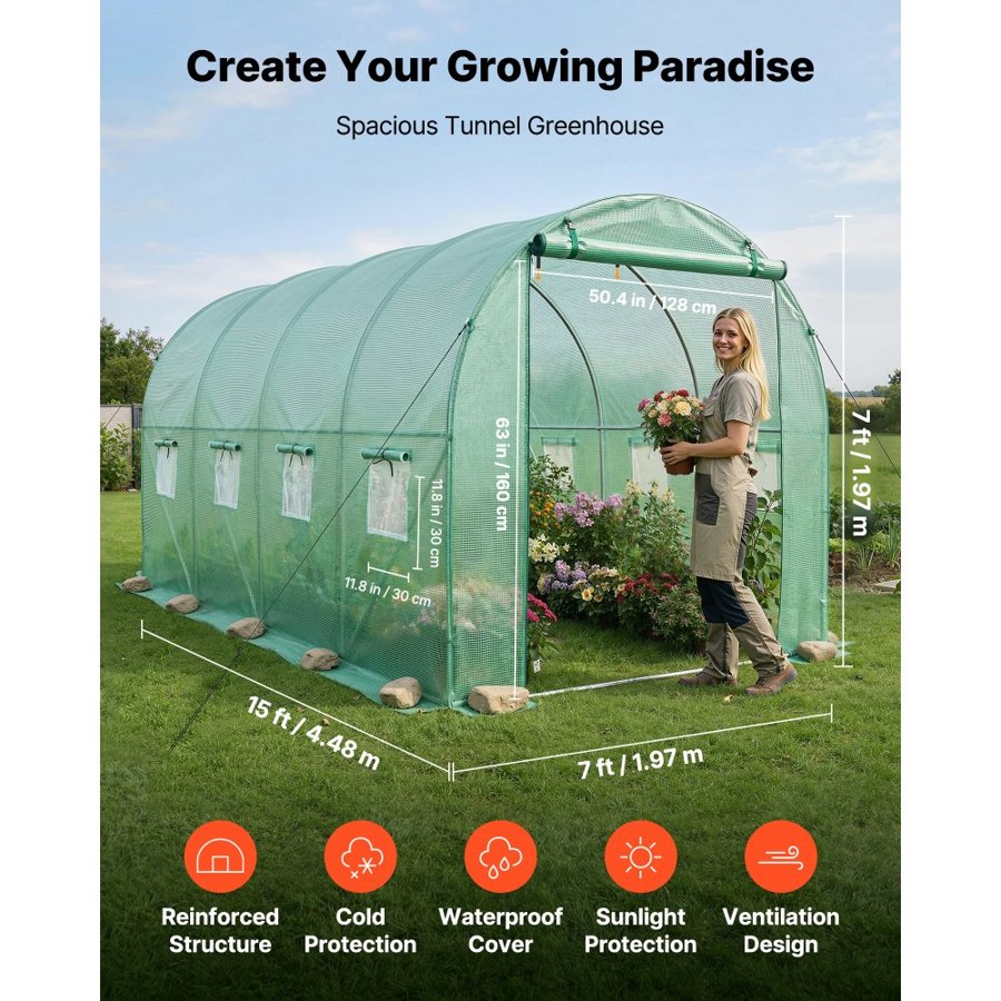 VEVOR Hoop Tunnel Greenhouse – 4.48x1.97x1.97 m, Steel Frame