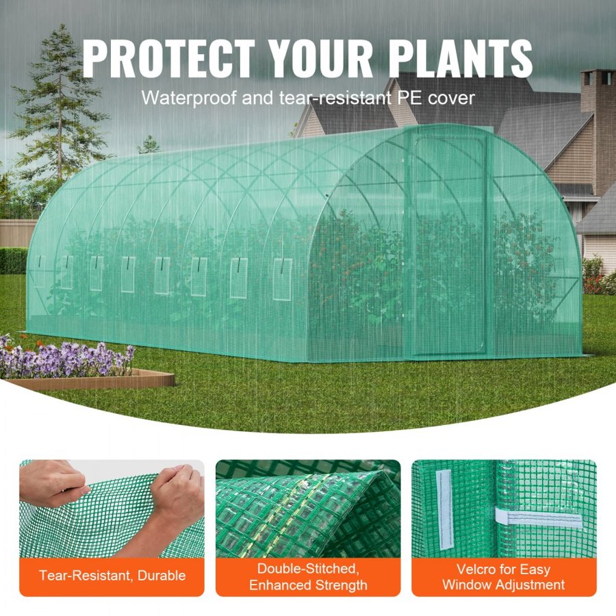 VEVOR Walk-in Tunnel Greenhouse, 27.4x9.5x7.4 ft Hoop House Greenhouse Tunnel, Plant Hot House with Galvanized Steel Frame, Green PE Cover, Swing Door and 16 Roll-up Windows for Outdoor