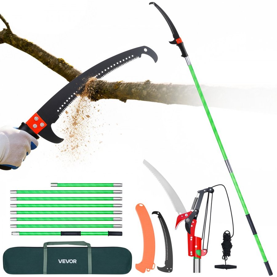 VEVOR Manual Pole Saw, 118-809.3 cm Extendable Pole Tree Pruner with Scissors, Sharp 65Mn Steel Blade, Lightweight Fiberglass Handle Pole, for High Branch Trimming, Pruning Tool for Palms and Shrubs
