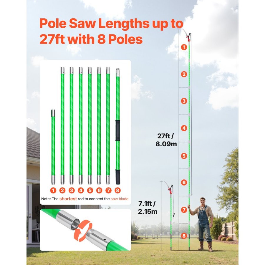 VEVOR Manual Pole Saw, 118-809.3 cm Extendable Pole Tree Pruner with Scissors, Sharp 65Mn Steel Blade, Lightweight Fiberglass Handle Pole, for High Branch Trimming, Pruning Tool for Palms and Shrubs