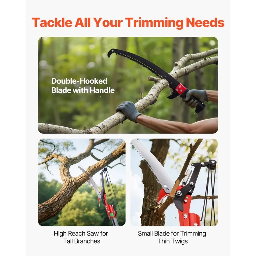 VEVOR Manual Pole Saw, 118-809.3 cm Extendable Pole Tree Pruner with Scissors, Sharp 65Mn Steel Blade, Lightweight Fiberglass Handle Pole, for High Branch Trimming, Pruning Tool for Palms and Shrubs