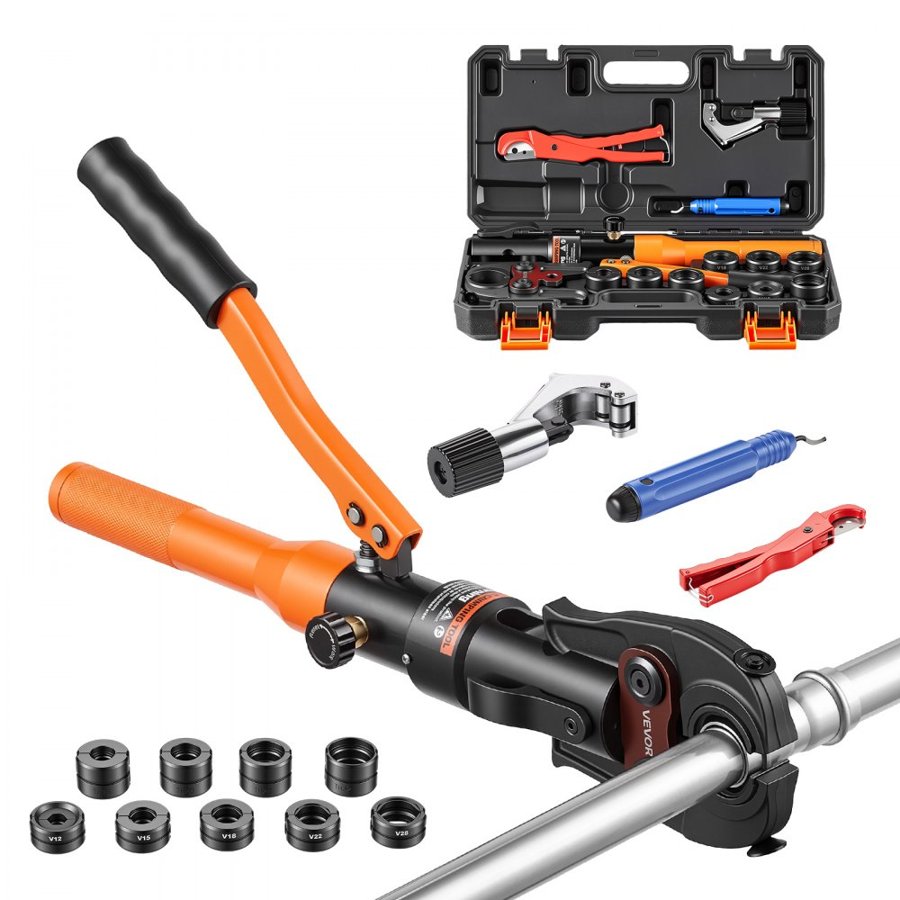 VEVOR Pipe Crimping Tool, Hydraulic Driven Press Tool with 9 Press Jaws, TH16 TH20 TH26 TH32, V12 V15 V18 V22 V28 Jaws for PEX/Aluminum-Plastic/Stainless Steel/Copper Pipes - Includes Toolbox