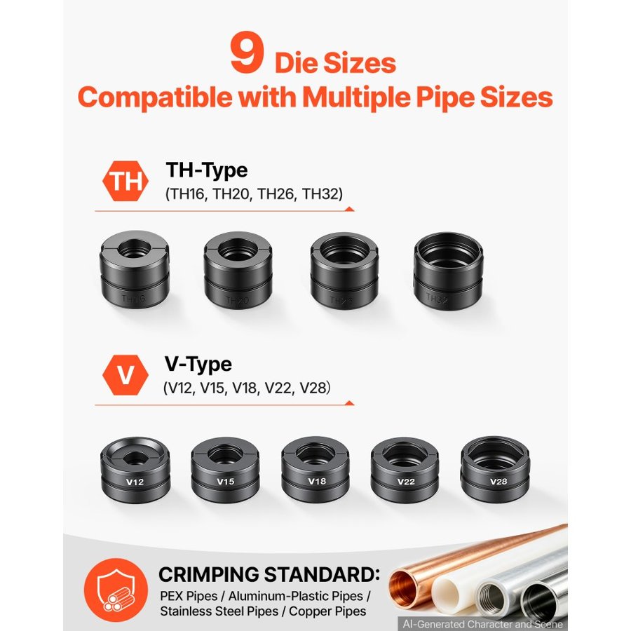 VEVOR Pipe Crimping Tool, Hydraulic Driven Press Tool with 9 Press Jaws, TH16 TH20 TH26 TH32, V12 V15 V18 V22 V28 Jaws for PEX/Aluminum-Plastic/Stainless Steel/Copper Pipes - Includes Toolbox