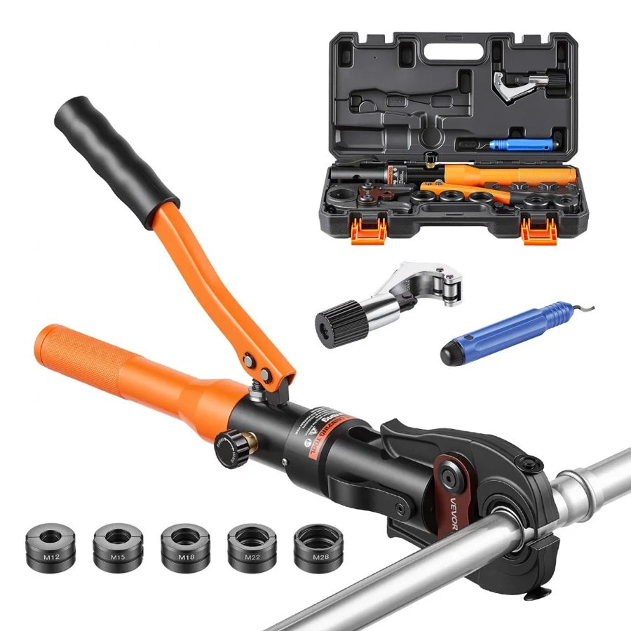 VEVOR Pipe Crimping Tool, Hydraulic Driven Press Tool with 5 Press Jaws, M12, M15, M18, M22, M28 Crimping Jaws for Stainless Steel/Copper Plumbing Repair and Installations - Includes Toolbox