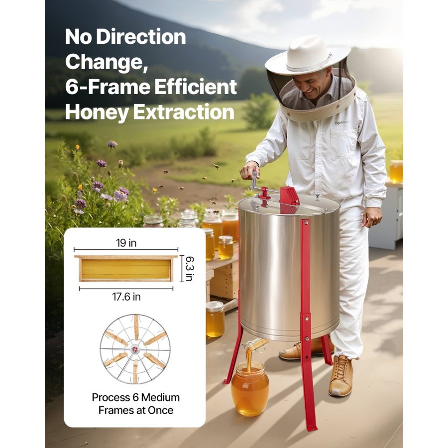 VEVOR Honey Extractor, 6 Frame Manual Honey Spinner with Transparent Lid, Stainless Steel Honeycomb Drum Spinner with Height Adjustable Stand, Honeycomb Extraction Centrifuge Equipment for Beekeeping