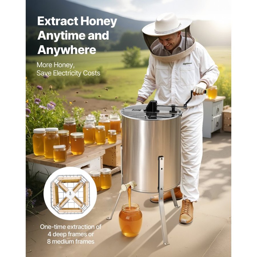VEVOR Honey Extractor, 4/8 Frame Manual Honey Spinner with Transparent Lid, Stainless Steel Honeycomb Drum Spinner with Height Adjustable Stand, Honeycomb Extraction Equipment for Beekeeping
