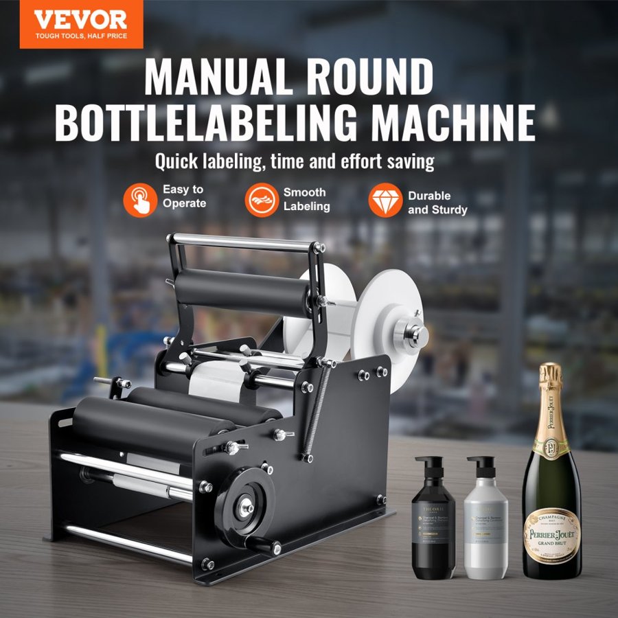 VEVOR Manual Round Labeling Machine, 15-20pcs/min, Bottle Label Applicator for Round Bottles, Adjustable Manual Round Bottle Labeler Suitable for Bottle Diameter 1.98-11.99 cm (with Pressing Bar)