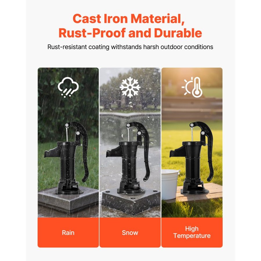 VEVOR Well Hand Pitcher Pump, 25 ft Maximum Lift, Antique Cast Iron Manual Hand Water Pump, NPT 1-1/4 in Connection, Easy Installation, Old Fashioned for Outdoor Garden, Pond, Backyard, Farm, Black