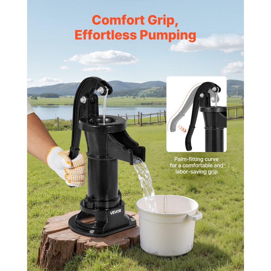 VEVOR Well Hand Pitcher Pump, 25 ft Maximum Lift, Antique Cast Iron Manual Hand Water Pump, NPT 1-1/4 in Connection, Easy Installation, Old Fashioned for Outdoor Garden, Pond, Backyard, Farm, Black