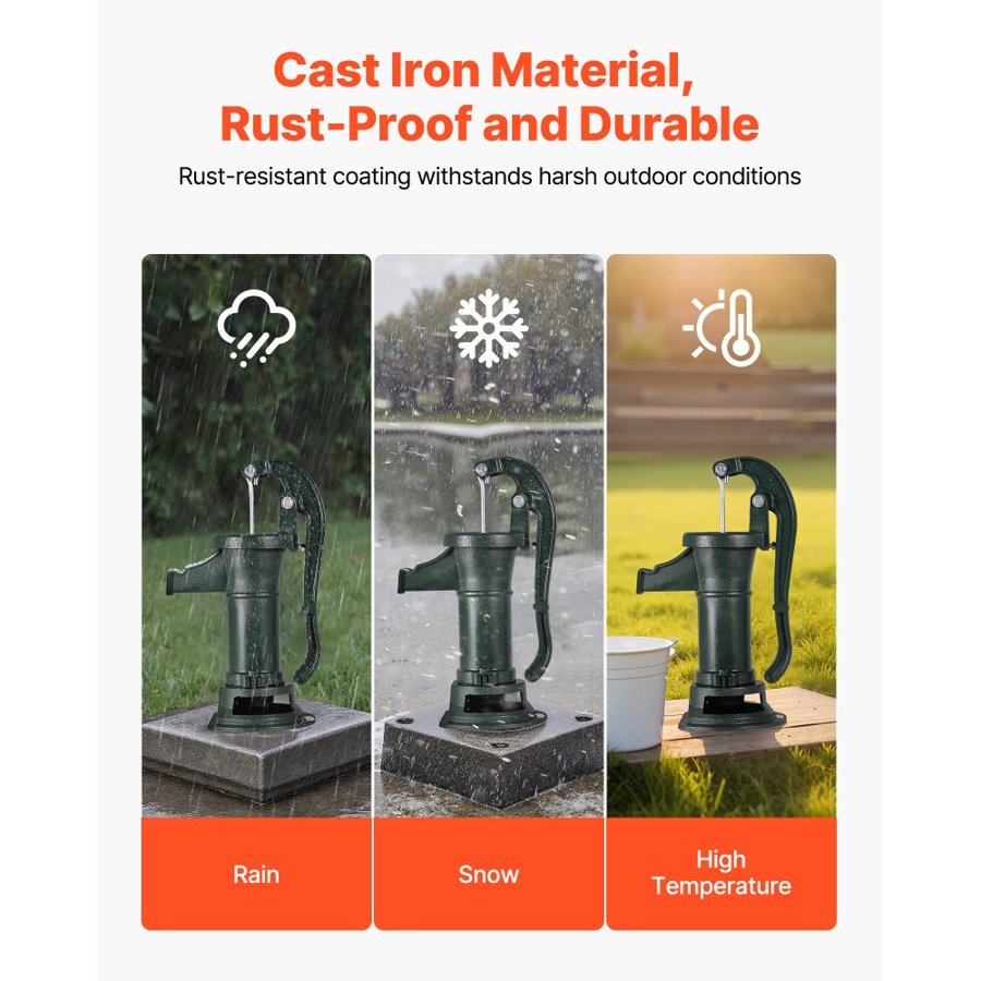 VEVOR Well Hand Pitcher Pump, 25 ft Maximum Lift, Antique Cast Iron Manual Hand Water Pump, NPT 1-1/4 in Connection, Easy Installation, Old Fashioned for Outdoor Garden, Pond, Backyard, Farm, Green