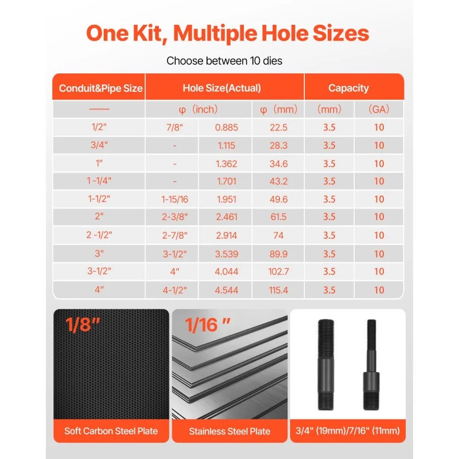 VEVOR Knockout Punch Set, 147.1 kN Hydraulic Knockout Set, 12.7 to 101.6mm KO Tool Kit Hole Making Tool, KO Tools Kit W/10 Dies for Metal Electrical Cabinet, Electrical Control Cabinet, Switch Cabinet