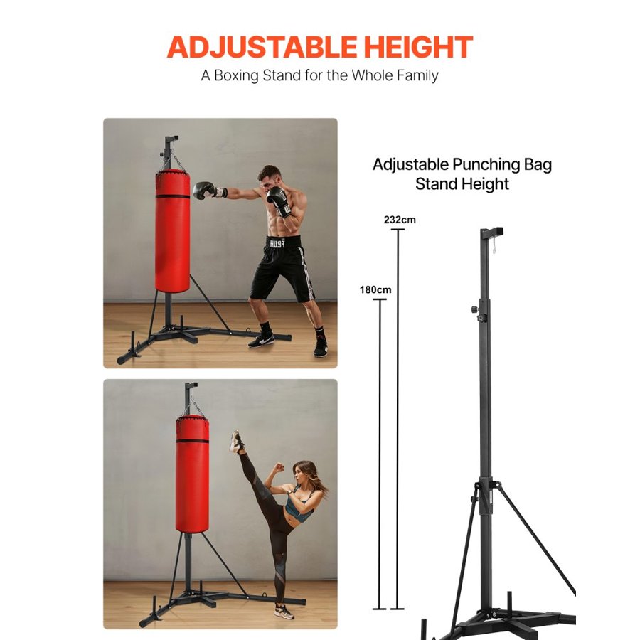 VEVOR Punching Bag Stand, Steel Heavy Duty Workout Training Equipment, Adjustable Height Boxing Punching Stand with Weighted Base, Holds Up to 140 lbs, Freestanding Sandbag Rack for Home Gym Fitness