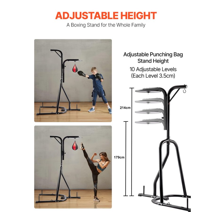 VEVOR 2 in 1 Punching Bag Stand, Steel Heavy Duty Workout Equipment, Adjustable Height Boxing Punching Bag and Speed Bag Stand, Freestanding Sandbag Rack, Holds Up to 140 lbs, for Home Gym Fitness