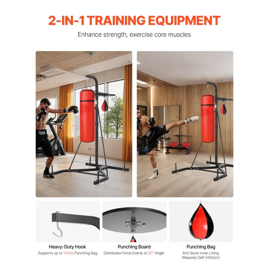 VEVOR 2 in 1 Punching Bag Stand, Steel Heavy Duty Workout Equipment, Adjustable Height Boxing Punching Bag and Speed Bag Stand, Freestanding Sandbag Rack, Holds Up to 140 lbs, for Home Gym Fitness