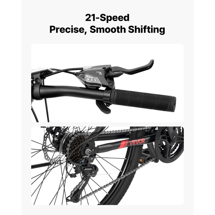 VEVOR Mountain Bike for Men and Women 66 cm Outdoor Bicycle 21 Speeds, Adult Bikes, Front Suspension, Adjustable Saddle, All-Terrain Tires, High Carbon Steel Frame, Dual Disc Brake, Pre-Assembled