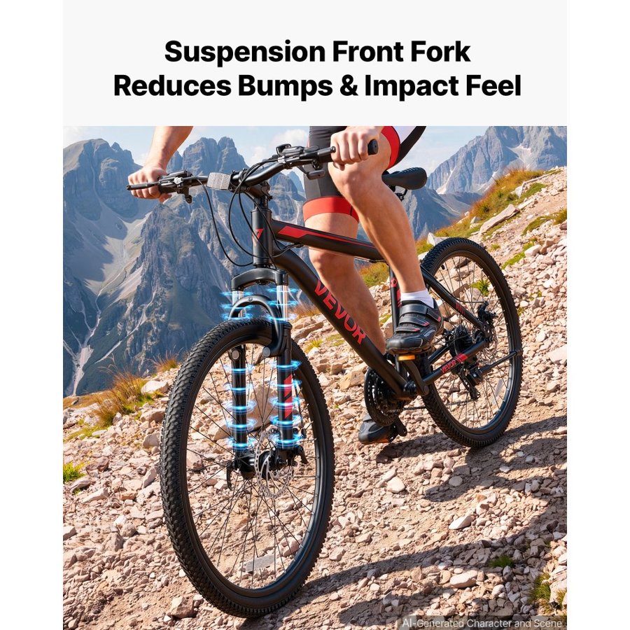 VEVOR Mountain Bike for Men and Women 66 cm Outdoor Bicycle 21 Speeds, Adult Bikes, Front Suspension, Adjustable Saddle, All-Terrain Tires, High Carbon Steel Frame, Dual Disc Brake, Pre-Assembled