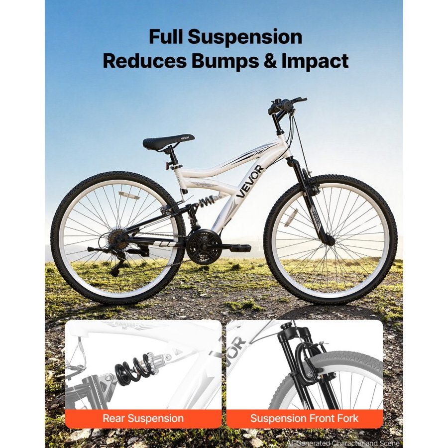 VEVOR Mountain Bike for Men and Women 70 cm Outdoor Bicycle 18 Speeds, Adult Bikes with Full Suspension, Adjustable Saddle, All-Terrain Tires, High Carbon Steel Frame, Dual Brakes, Pre-Assembled